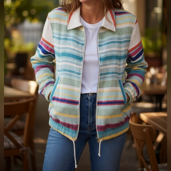 Zara Multicolored Rainbow Striped Zip Up Tapestry Jacket Size S NWOT'S